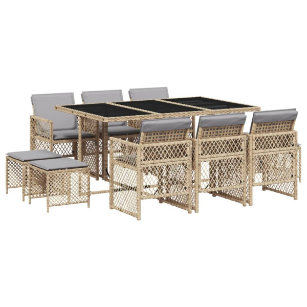 11 pcs conjunto de jantar p/ jardim com almofadões vime PE bege M 2