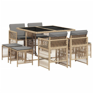 Set comedor de jardín 9 pzas con cojines ratán sintético beige H