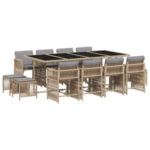 Set comedor de jardín con cojines 13 pzas ratán sintético beige H