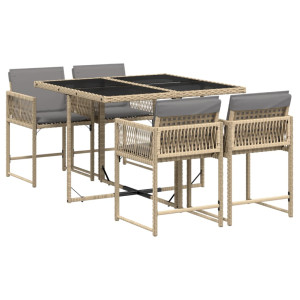 Set comedor de jardín 5 pzas con cojines ratán sintético beige H