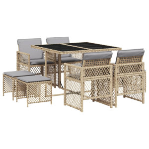 Set comedor de jardín 9 pzas con cojines ratán sintético beige H
