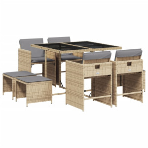 Set comedor de jardín 9 pzas con cojines ratán sintético beige H