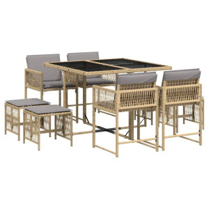 Set comedor de jardín 9 pzas con cojines ratán sintético beige H