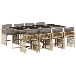 Set comedor de jardín 9 pzas con cojines ratán sintético beige H