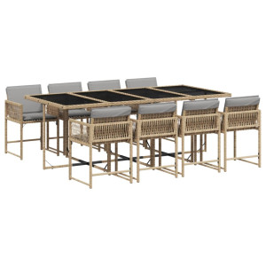 Set comedor de jardín 9 pzas con cojines ratán sintético beige H