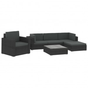 6 pcs conjunto lounge de jardim c/ almofadões vime PE preto H