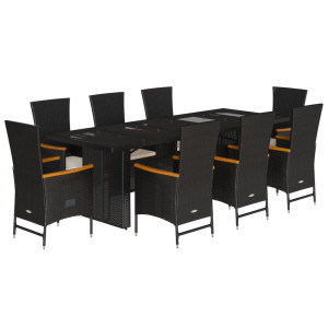 9 pcs conjunto de jantar p/ jardim c/ almofadões vime PE preto H