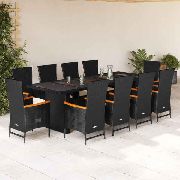 11 pcs conjunto de jantar p/ jardim c/ almofadões vime PE preto D