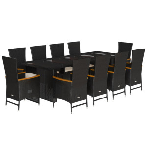 11 pcs conjunto de jantar p/ jardim c/ almofadões vime PE preto H
