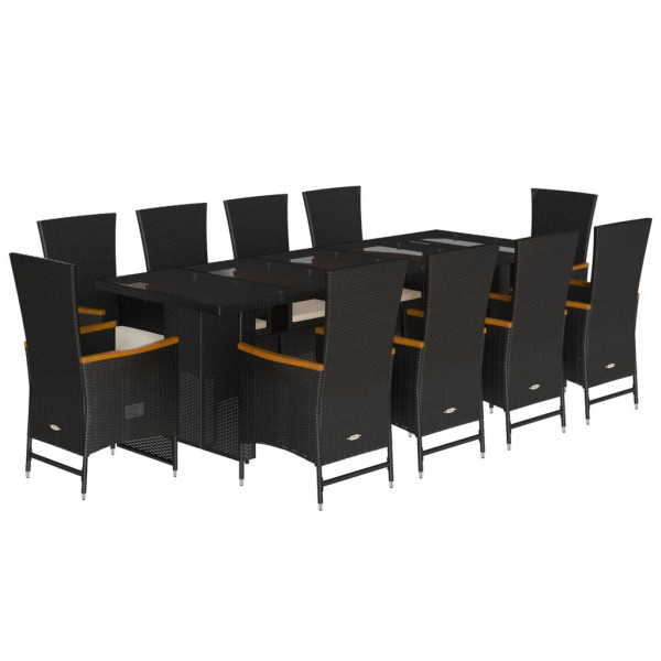 11 pcs conjunto de jantar p/ jardim c/ almofadões vime PE preto M 2