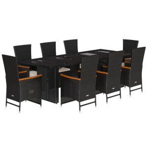 9 pcs conjunto de jantar p/ jardim c/ almofadões vime PE preto H