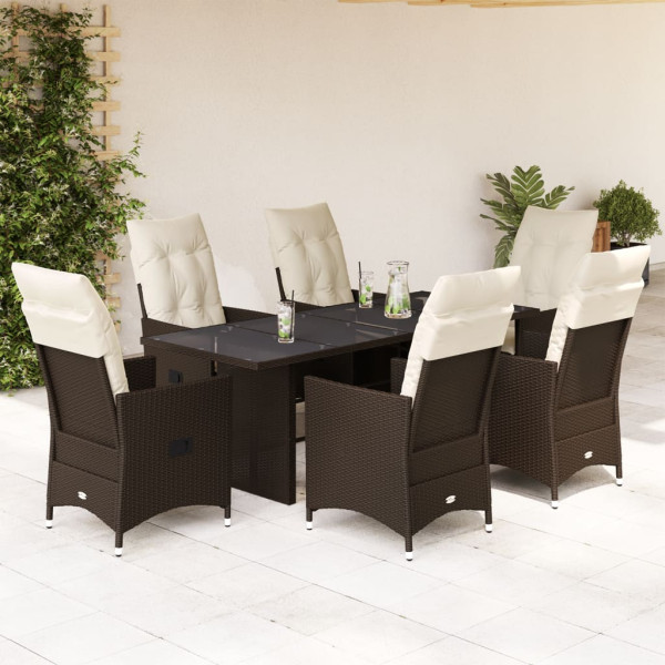 Set comedor de jardín 7 pzas con cojines ratán sintético marrón D