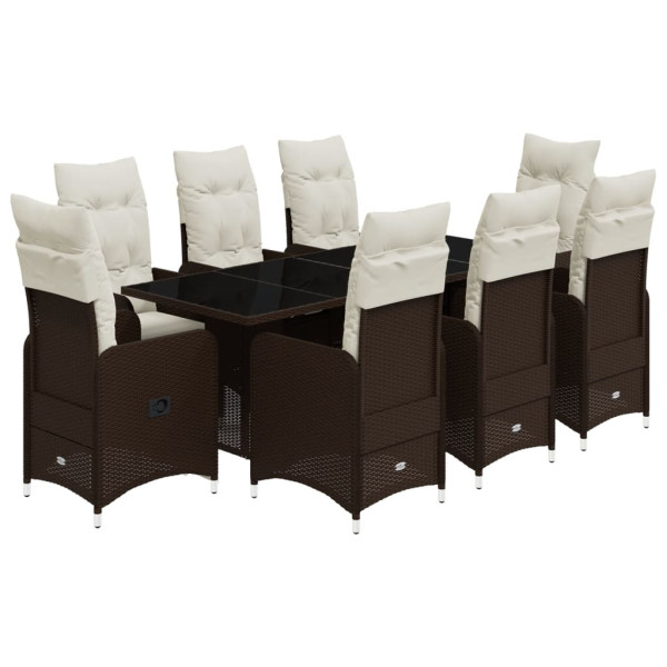 9 pcs conjunto bistrô de jardim c/ almofadões vime PE castanho M 2