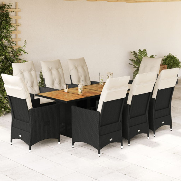 Set de comedor de jardín 9 pzas y cojines ratán sintético negro D