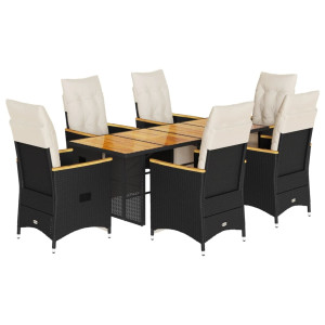 Set de mesa y sillas de jardín 7 pzas y cojines ratán PE negro H