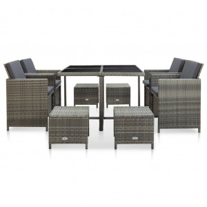 9 pcs conjunto jantar exterior c/ almofadões vime PE cinzento H