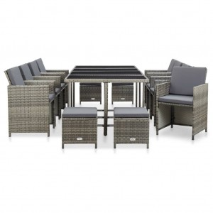Set comedor de jardín 13 piezas y cojines ratán sintético gris H