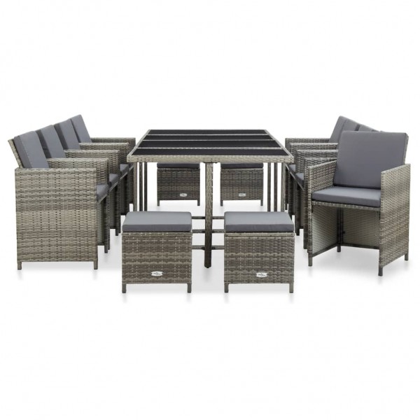 Set comedor de jardín 13 piezas y cojines ratán sintético gris M 2