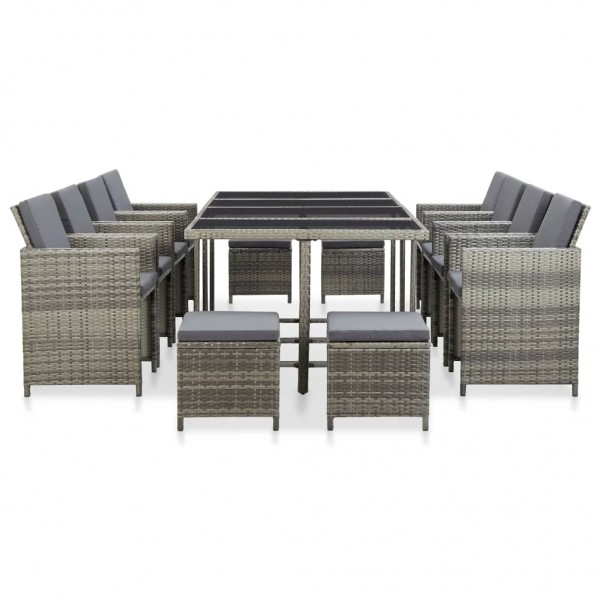 Set comedor de jardín 13 piezas y cojines ratán sintético gris M 3