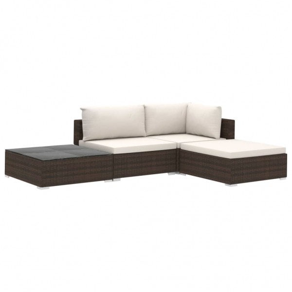 Set muebles de jardín 4 piezas y cojines ratán sintético marrón D