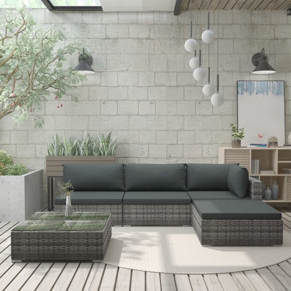 Set de muebles de jardín 5 pzas y cojines ratán sintético gris D