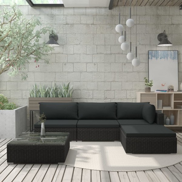 Set muebles de jardín 5 piezas y cojines ratán sintético negro D