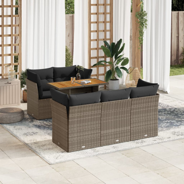 Set de muebles de jardín 6 pzas y cojines ratán sintético gris D