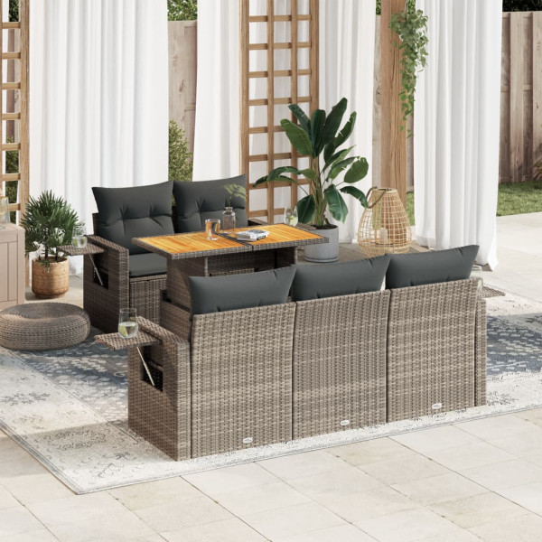 Set de muebles de jardín 6 pzas y cojines ratán sintético gris D