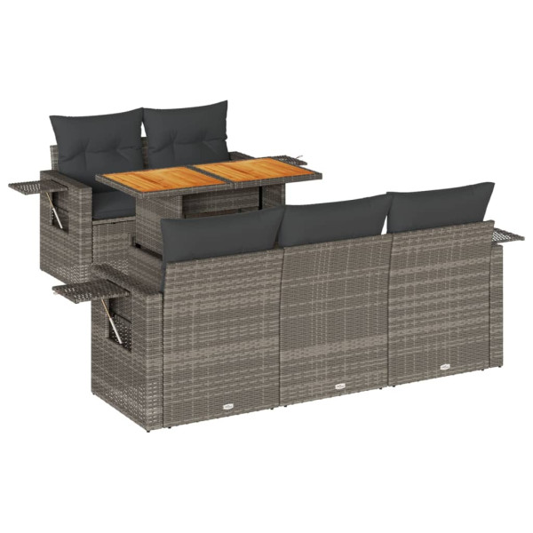 Set de muebles de jardín 6 pzas y cojines ratán sintético gris M 2