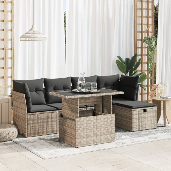 Set de muebles de jardín 6 pzas y cojines ratán sintético gris D
