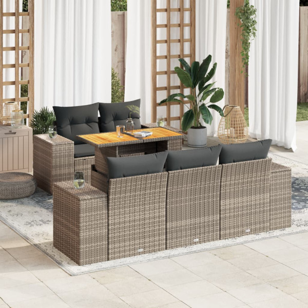 Set de muebles de jardín 6 pzas y cojines ratán sintético gris D