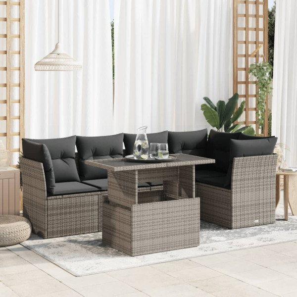 Set de muebles de jardín 6 pzas y cojines ratán sintético gris D