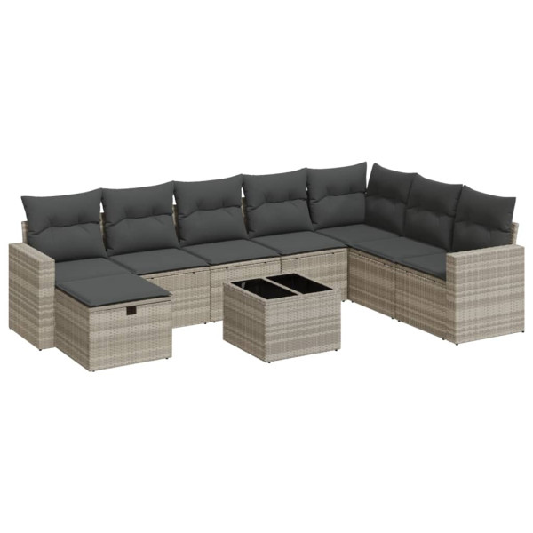 Set muebles jardín 9 pzas y cojines ratán sintético gris claro D