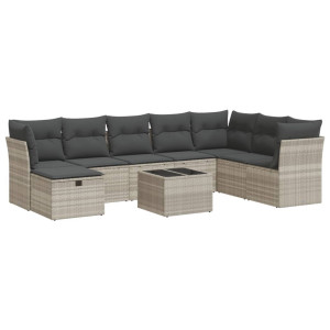 Set muebles jardín 9 pzas y cojines ratán sintético gris claro H