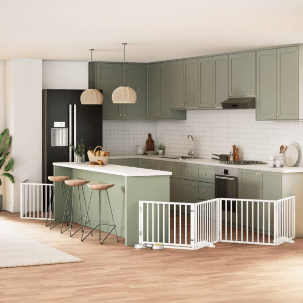 Puerta de perros plegable 8 paneles madera álamo blanca 640 cm D