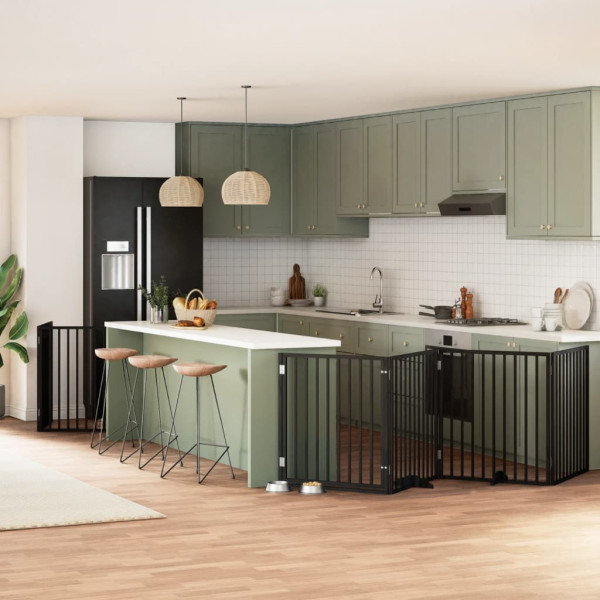 Puerta de perros plegable 8 paneles madera álamo negra 640 cm D