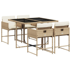 Set comedor de jardín 5 pzas con cojines ratán sintético beige H