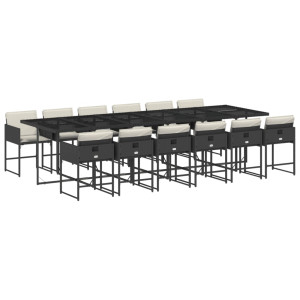 Set comedor de jardín con cojines 13 pzas ratán sintético negro H