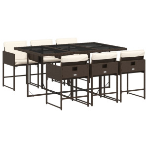 7 pcs conjunto jantar p/ jardim c/ almofadões vime PE castanho H