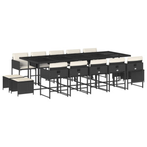 Set comedor de jardín con cojines 15 pzas ratán sintético negro H