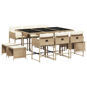 Set comedor de jardín 11 pzas con cojines ratán sintético beige H