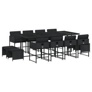 Set comedor de jardín con cojines 13 pzas ratán sintético negro H
