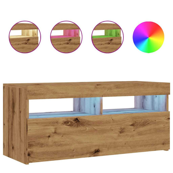 Mueble de TV luces LED madera roble artisan 90x35x40 cm M 2