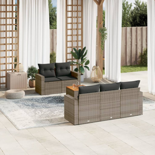 Set de muebles de jardín 6 pzas y cojines ratán sintético gris D