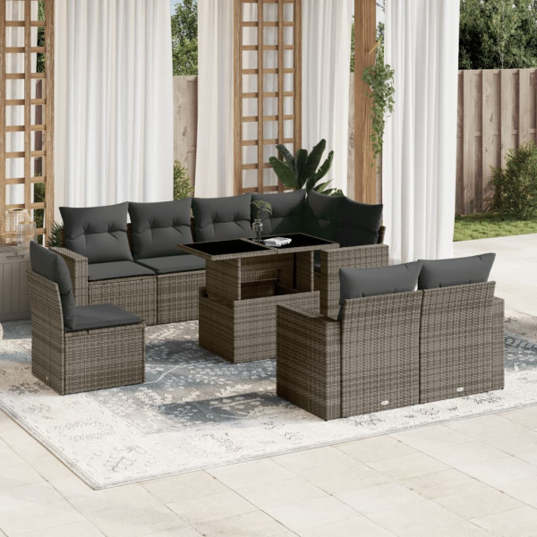 Set de muebles de jardín 9 pzas y cojines ratán sintético gris D