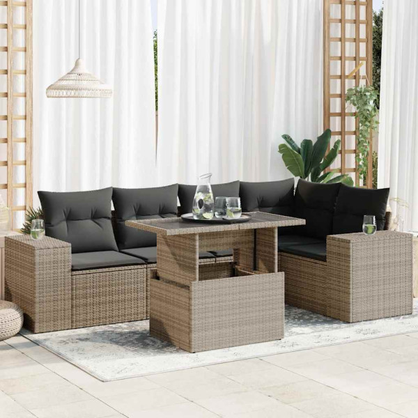 Set de muebles de jardín 6 pzas y cojines ratán sintético gris D