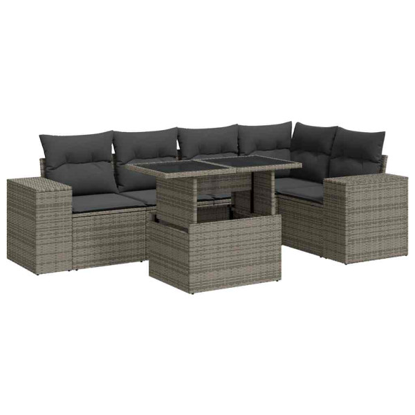 Set de muebles de jardín 6 pzas y cojines ratán sintético gris M 2
