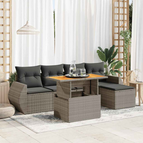 Set de muebles de jardín 6 pzas y cojines ratán sintético gris D