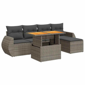 Set de muebles de jardín 6 pzas y cojines ratán sintético gris H