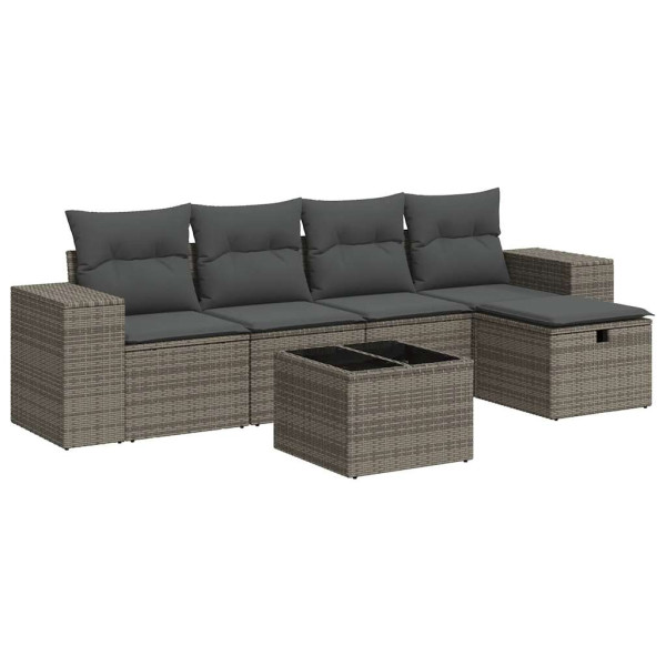 Set de muebles de jardín 6 pzas y cojines ratán sintético gris M 2